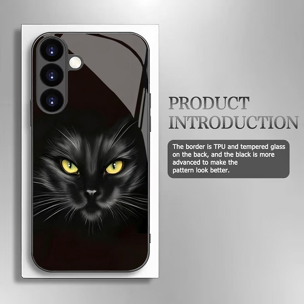 Schwarze Glas-Handyhülle mit Katzenmotiv, geeignet für Samsung Galaxy S26 S25 S24 S23 S22 S20 FE/Ultra/Plus, sturzsichere Rückabdeckung