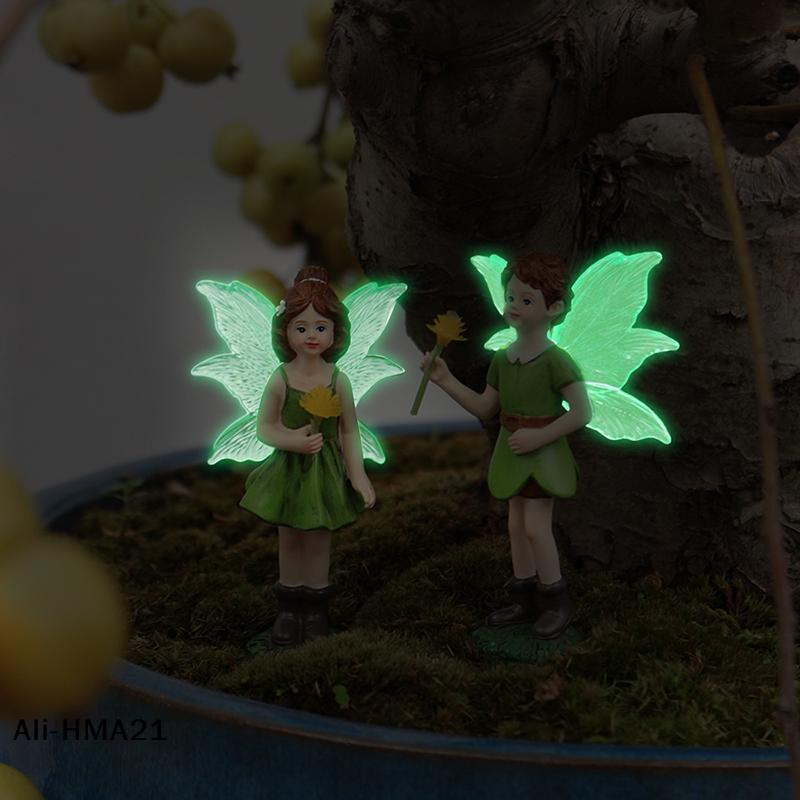 2 Stück Lustige Fee Junge und Mädchen Statue, Feengarten Zubehör, Harz Skulptur für Mikrolandschaft Blumentopf Rasen Hof Garten