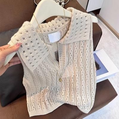 Gilet Tricoté ajouré style français pour femme - Été - Haut élégant polyvalent sans manches haut de gamme