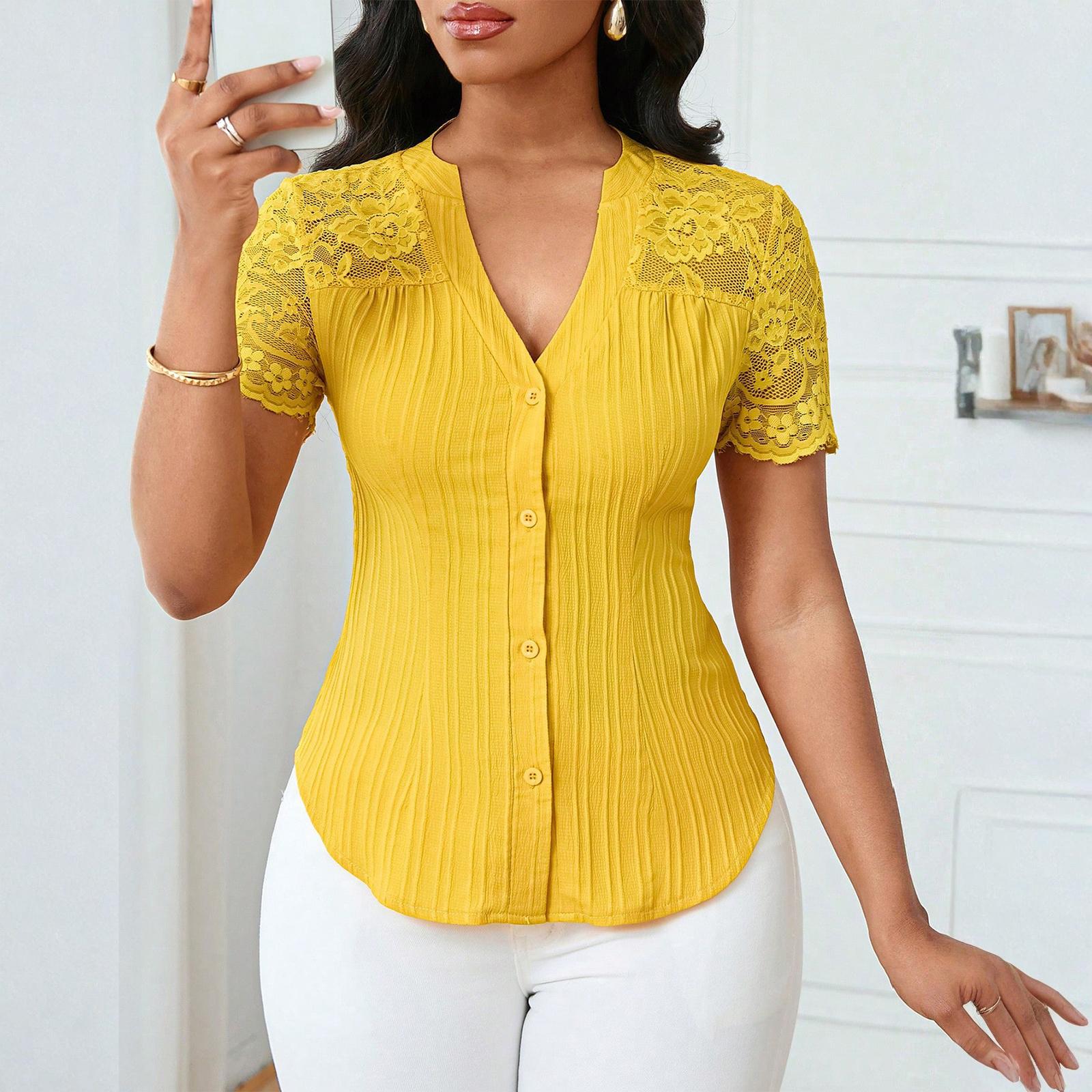 

Women s Fashionable Versatile Single Breasted Solid Color Slim Fit Embroidered Hollow Short Sleeved Top XL жёлтый