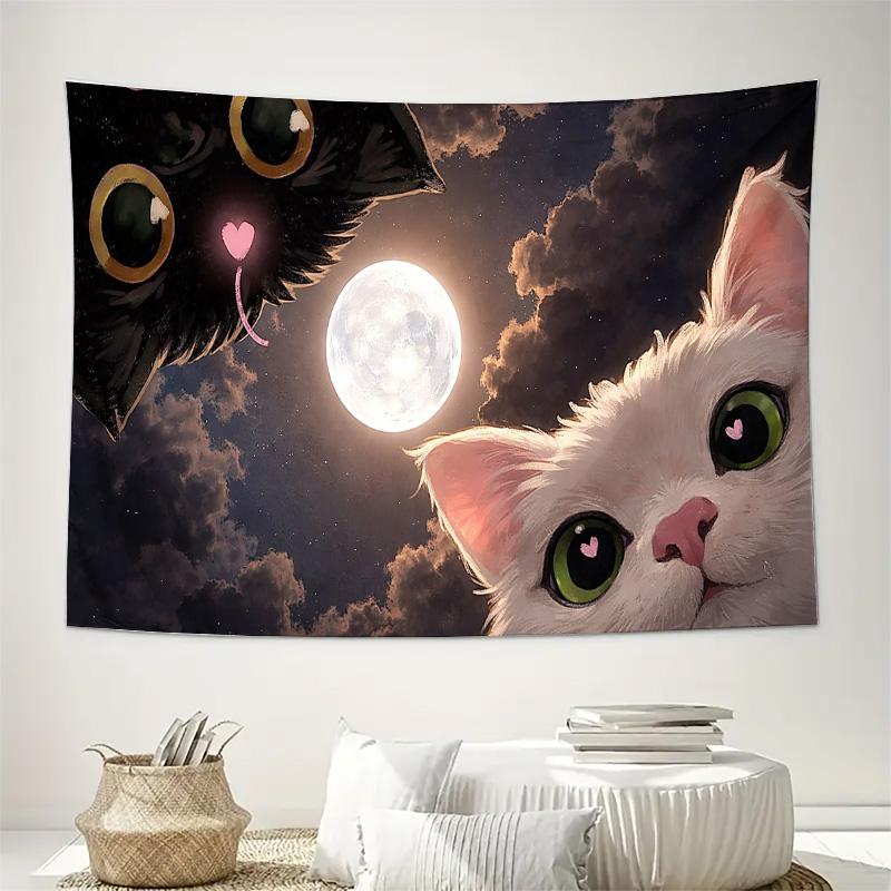 

Cute Black and White Cat Moon Night Sky Wall Tapestry Machine Washable All Season Decor Art Print Kawaii Animal Design Home 74x94cm(29x37in)
