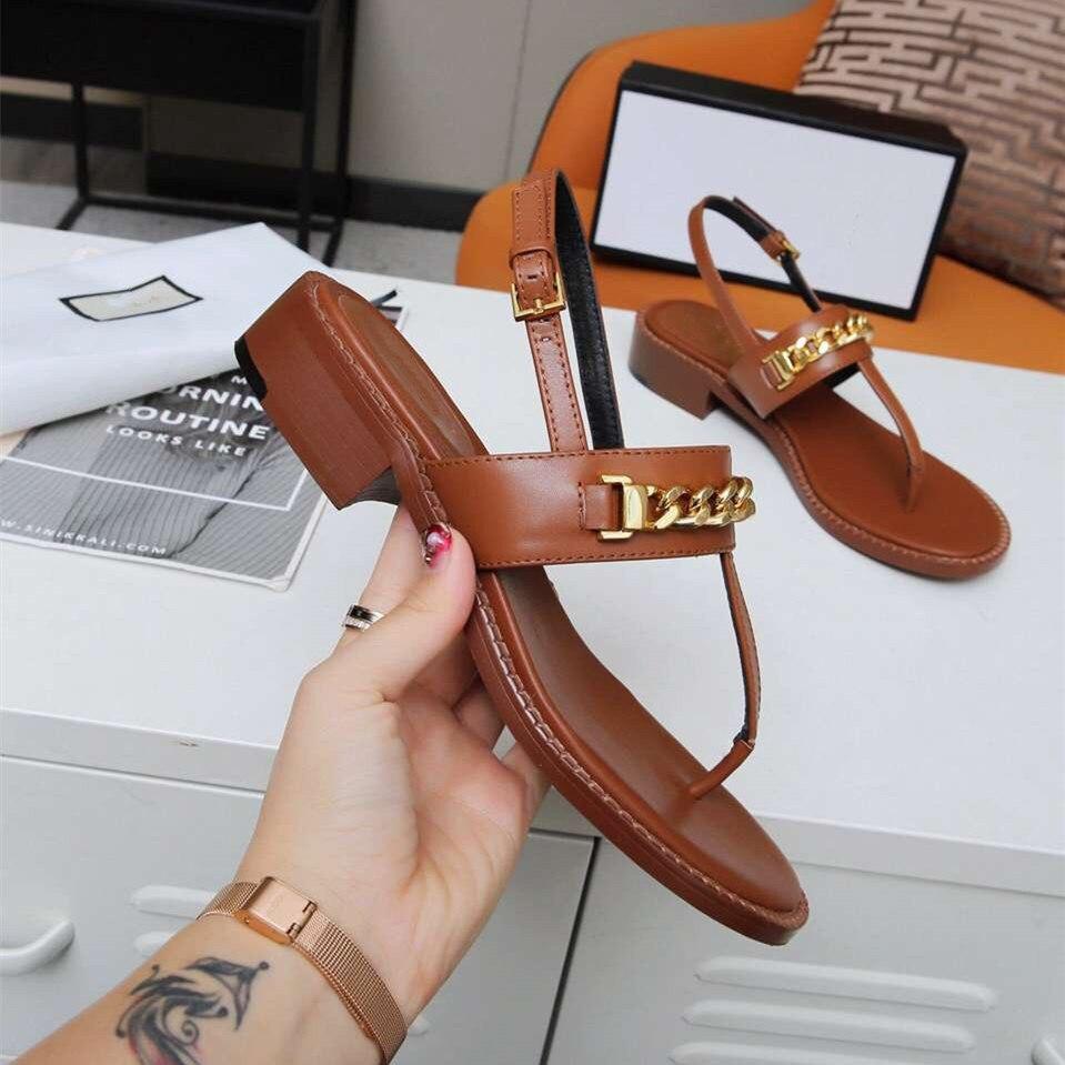 Prowow Sandals Women Chain Decor Genuine Leather Flip Flop Slides Fashion Luxury Brand Designer Woman Shoes Women Sandals
