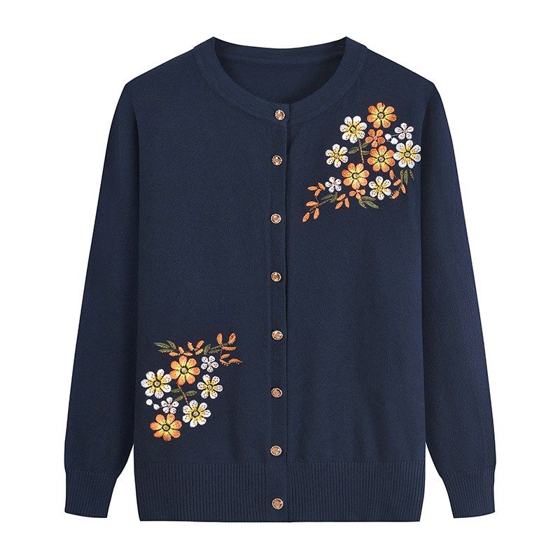 Spring Autumn Women's Thin Knit Cardigan Loose Fit Round Neck Printed Knit Cardigan