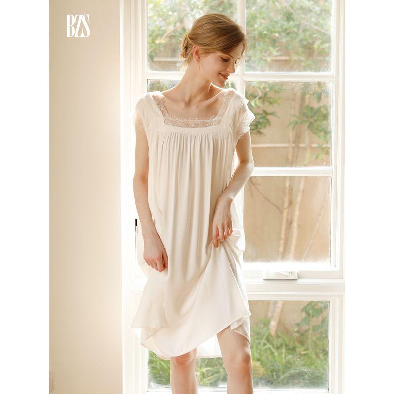 

2024 Summer New Modal Nightdress Women s Short Sleeve Thin Lace Edge Princess Style Sweet Home Wear Dress Nightdress L [recommend 60.00 kg-67.50 kg]]