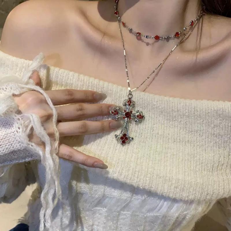 Creative Patterned Cross Synthetic Gemstone Necklace In Gothic Style