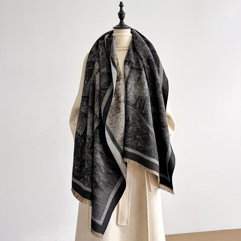 Retro Style Cashmere Women Castle Print Double-Sided Scarf Winter Warm Shawl Pashmina Female Foulard Blanket Poncho Scarves