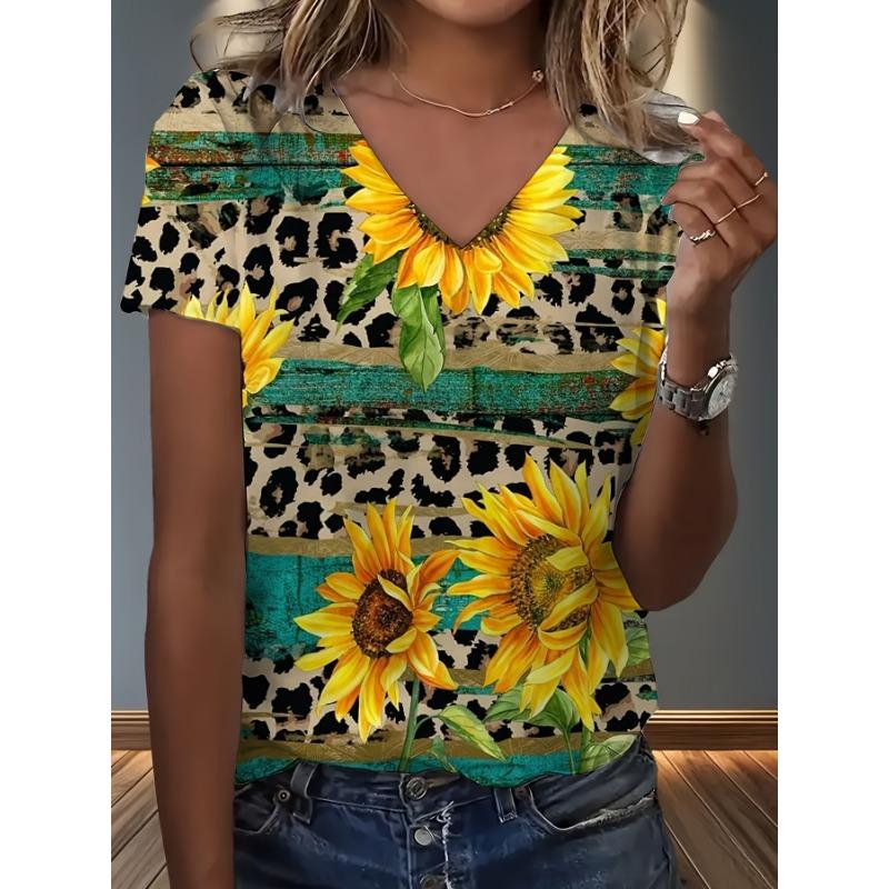 

Women Leopard And Sunflower Print V Neck T Shirt Casual Wear for Summer Outfits Machine Washable Relaxed Fit Top Fashion Statement Piece S