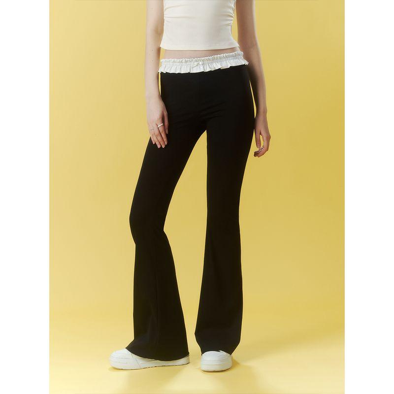 Redolence Ruffled Waist Slim-Fit Stretch Flared Pants Summer Design Black and White Color-Block Casual Pants for Women