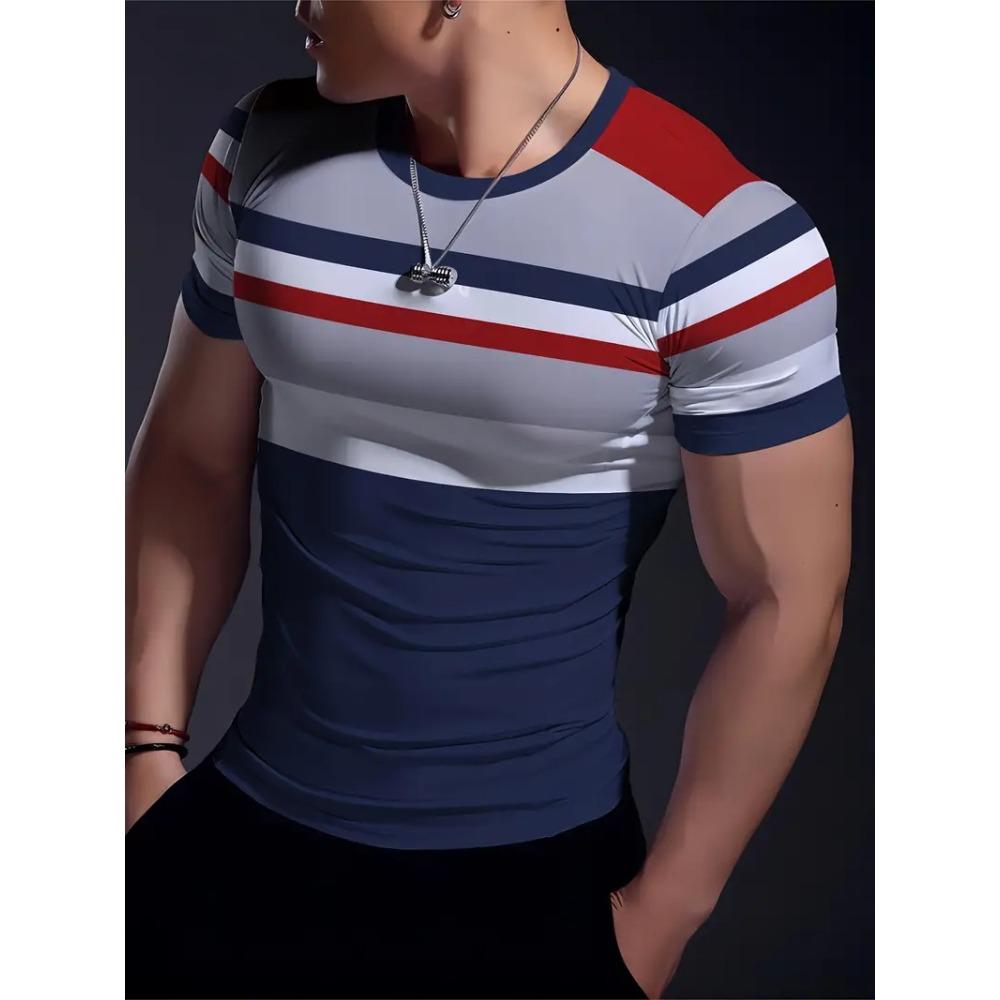 Simple Striped 3D Printed Men s Round Neck Short Sleeve Outdoor Casual Breathable Sweat Absorbent Men s Top Fashion And Fashion S