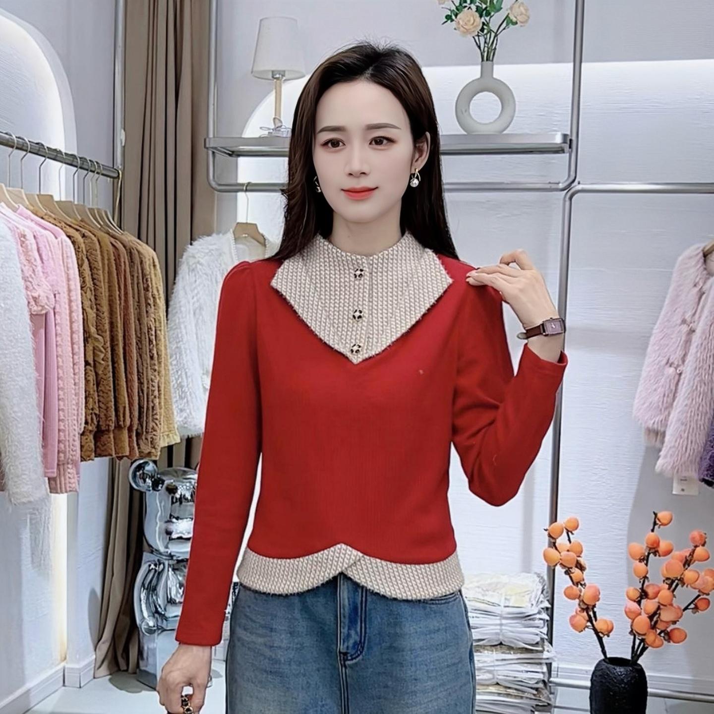 

French Two-Piece Style Round Neck Long Sleeve Women s Winter Velvet Thickened Slimming Base Layer Shirt XL (60-65 kg)