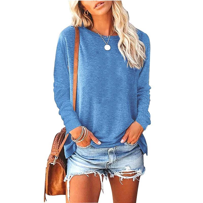 JPNTKY Women's Fashion Casual Solid Color Print O-Neck Long Sleeve Blouses & Shirts