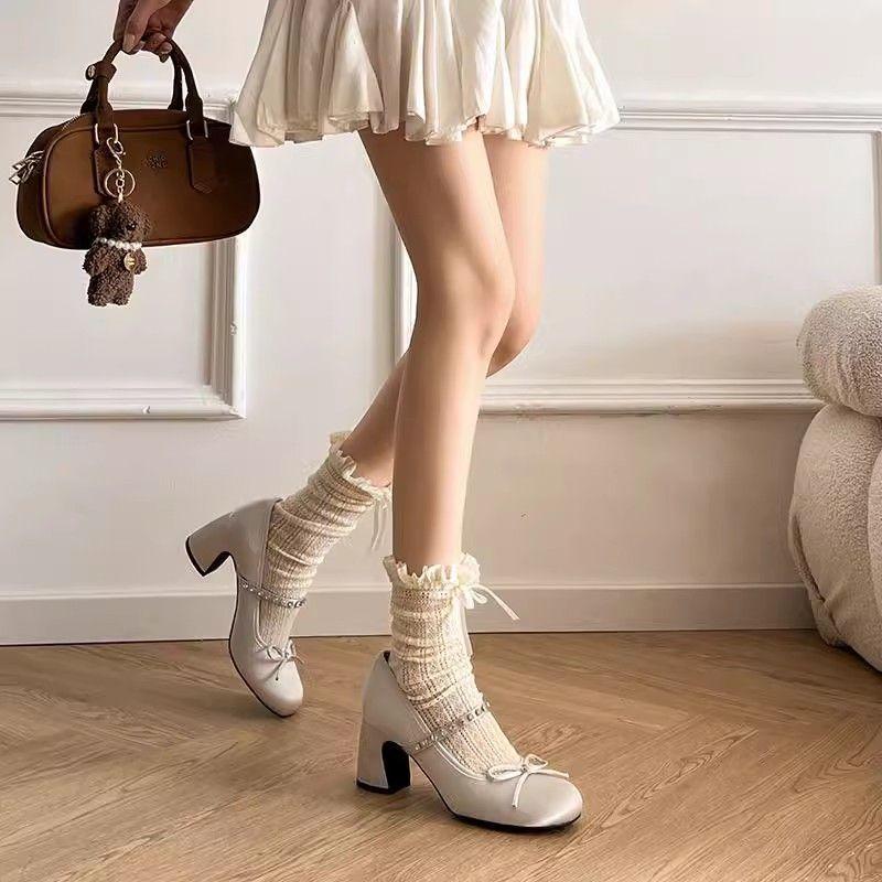 2025 New Gentle French One-word with Round Head Shallow Mouth Single Shoes High Heels Women's Bow Rhinestone Mary Jane Shoes