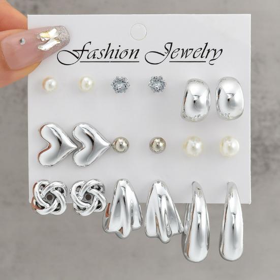 9 Paires Boucles d'Oreilles Créoles Argent Brillant Miroir Cœurs Poli Zirconium Cubique Perles Synthétiques Design Géométrique Boucles d'Oreilles Soirée Rendez-vous