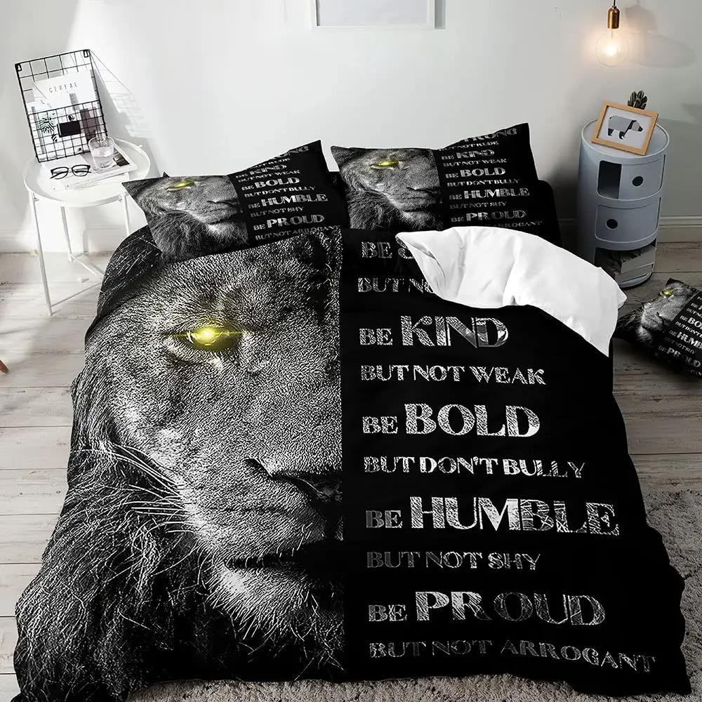 English Lion Duvet Set Three-Piece Set, African Wildlife Bedding Set With Pillowcase