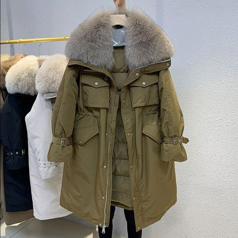 Herbst/Winter Daunenjacke Damenbekleidung Großer Pelzkragen Verdicken Parka Weiblich Einfarbig Lässig Locker Lange Daunenmäntel S khaki