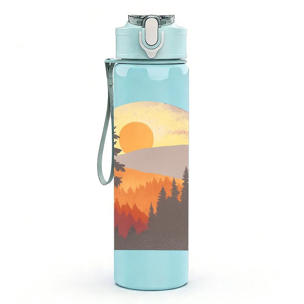 1PC Mountain Sunset Landscape Print 750ml Color Plastic Sports Water Bottle Leakproof Flip Straw Lid Suitable for Sports Office Home Use
