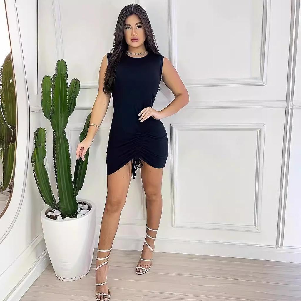 2024 Summer European and American Women's Clothing New Solid Color Round Neck Drawstring Sexy Dress