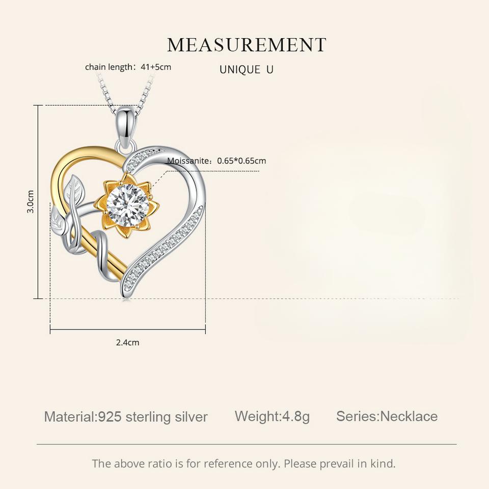 D culoare 1.0 CT Moissanite Colier cu farmec de floarea soarelui în formă de inimă pentru femei Cadou de aniversare Culoare dublă Aur galben Legături din argint 925