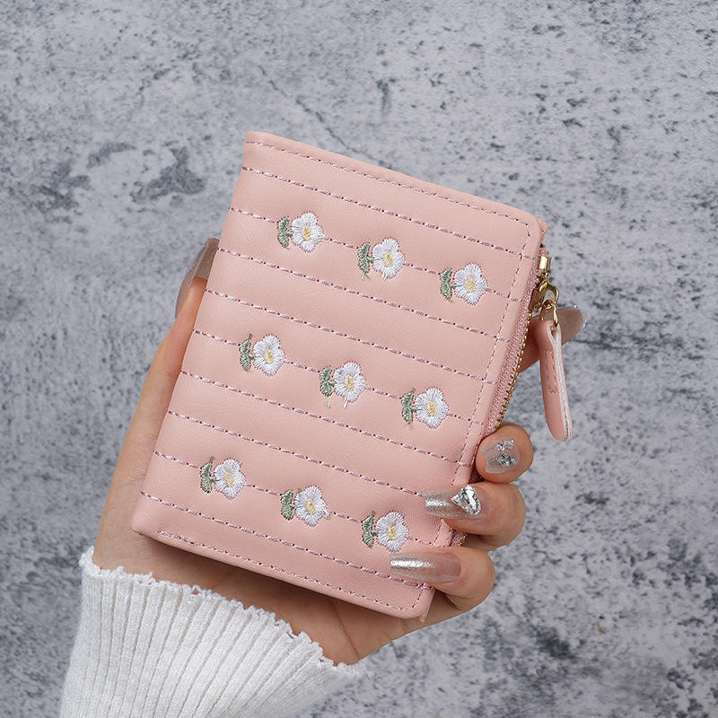 PU Kožená Peněženka Pro Ženy Květinová Výšivka Držák Karet Roztomilá Kawaii Klip Na Peníze Mini Peněženka Dámská Peněženka Pouzdro Na ID Kartu Cestovní Organizér Dárek Bonbónová Barva