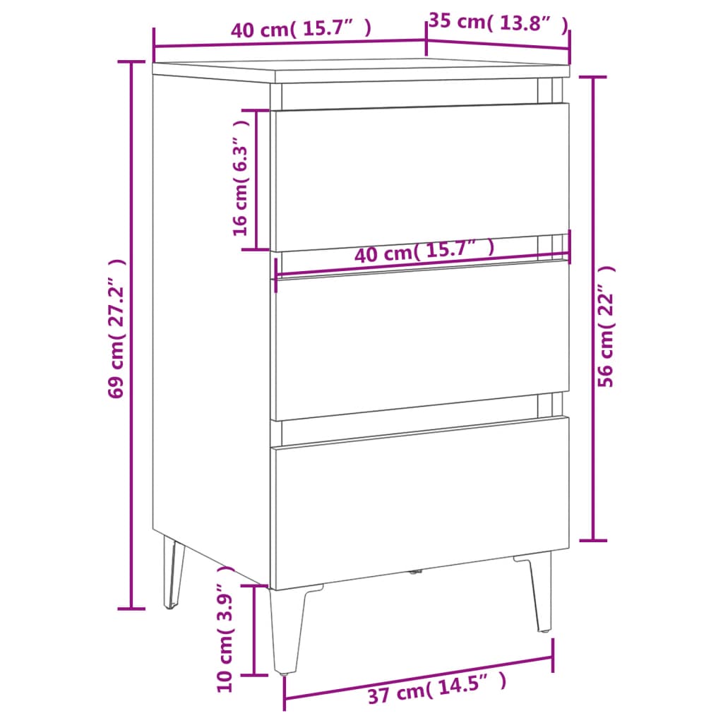 Nightstand with Metal Legs White 40 x 35 x 69 cm