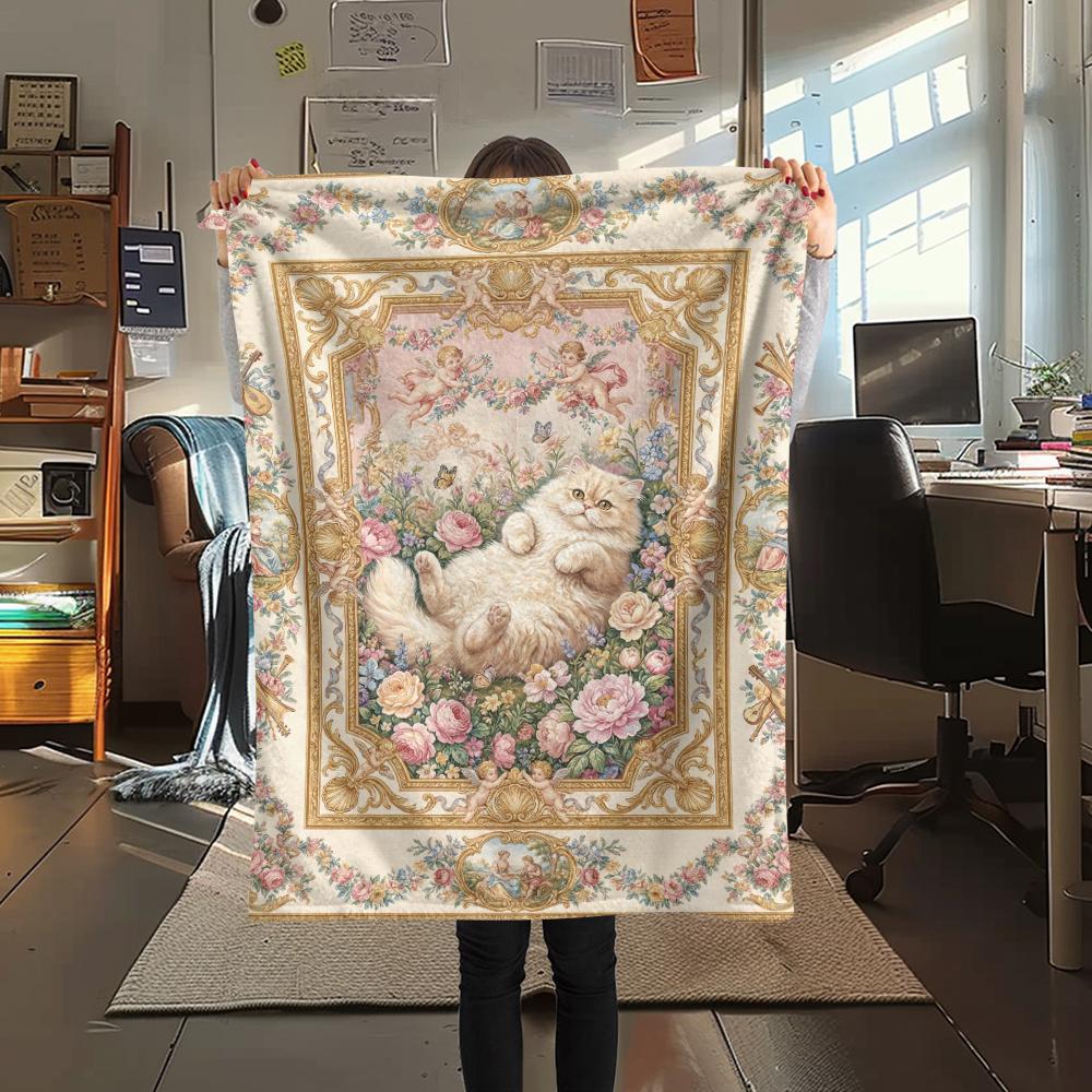 Cat Flower Print Flannel Blanket, High quality Comfortable for All Seasons, Home Decor, Warmth and Comfort, Perfect for Christmas Gifts43
