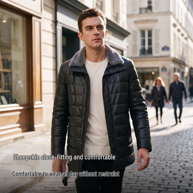 Men's Mid-Length Sheepskin Leather Down Jacket with Shearling Collar