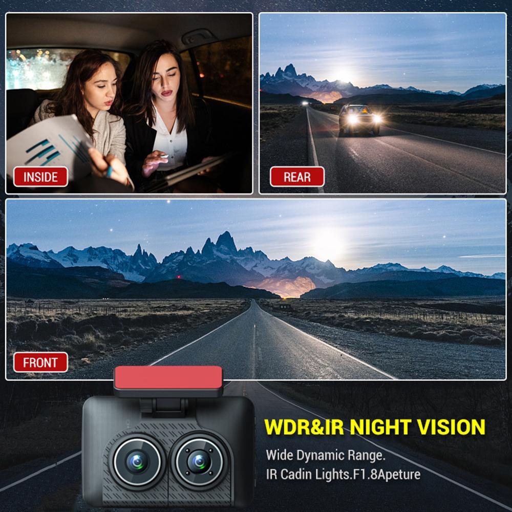 3-Kanal-Dashcam fürs Auto, Videorecorder, Full HD 1080P, Infrarot-Nachtsicht, DVR, Parkmonitor, G-Sensor, Auto-Blackbox, Dashcam