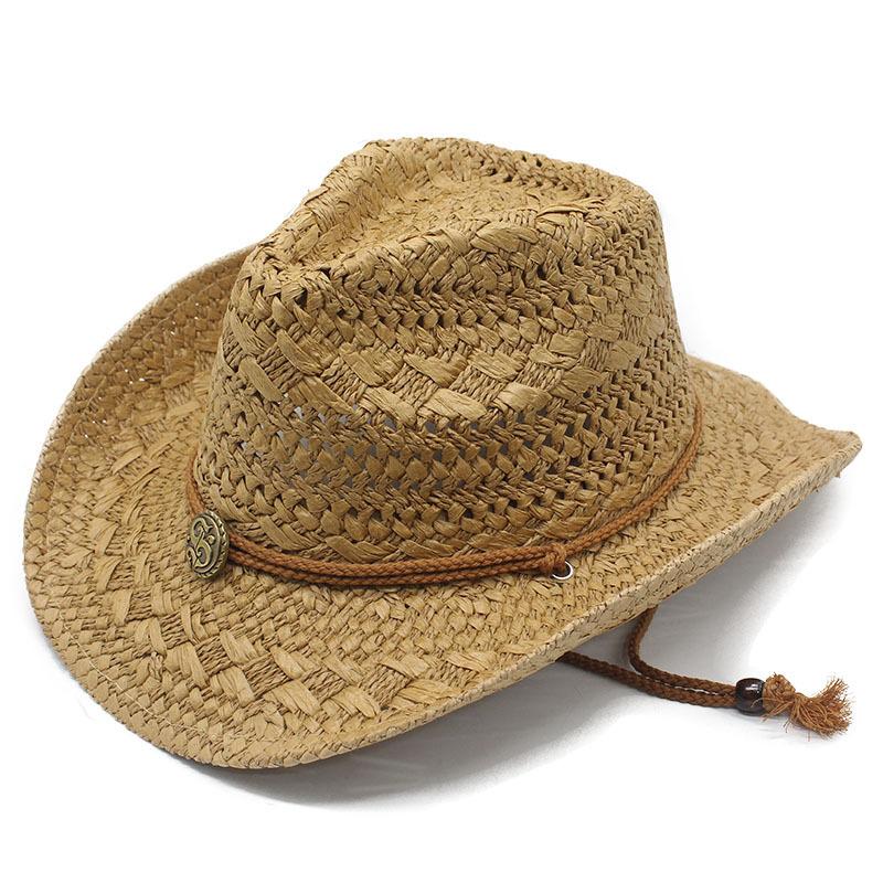 Western Cowboy Hat Hollow Lafite Straw Hat Men'S And Women'S Summer Beach Jazz Hat Knight Big Brim Sun Hat