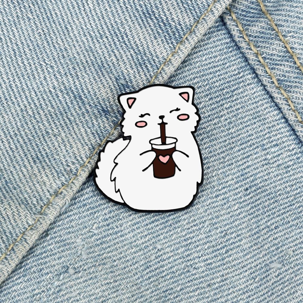 Cartoon Cute White Kitten Enamel Pins A Little Cat Drinking Cola Brooch Backpack Denim Lapel Badge Jewelry Gift for Kids Friends