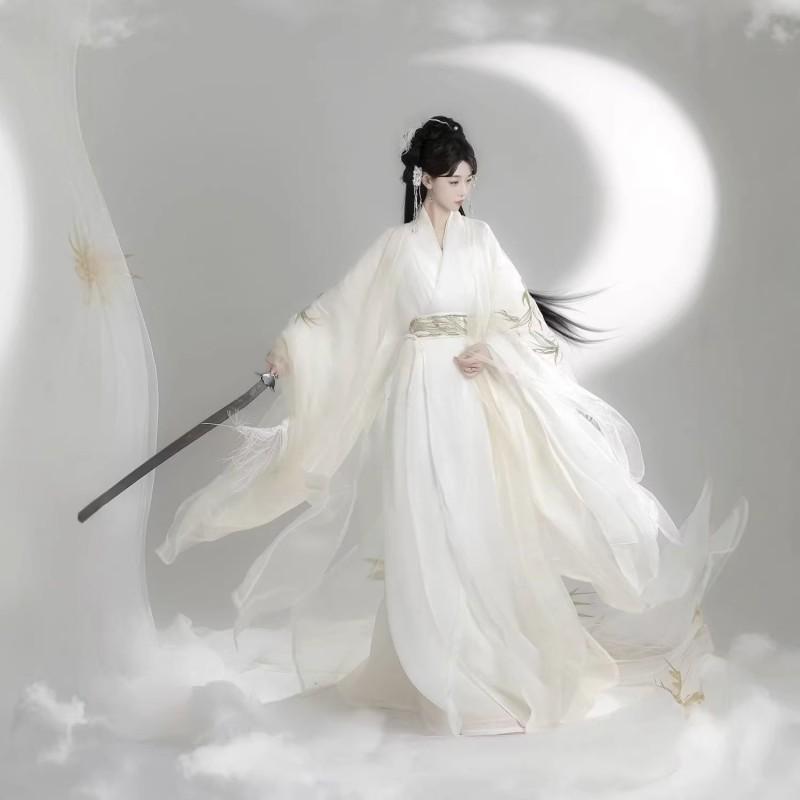 Hanfu Style Jin Dynasty Inspired Womens Wide Sleeve Straight Ru Robe With Heavy Embroidery Waist Sash