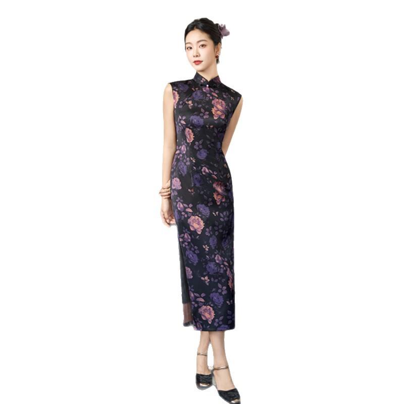 Hong Kong style Chinese long double-layer sleeveless cheongsam spring and summer new retro national style young girl daily cheongsam