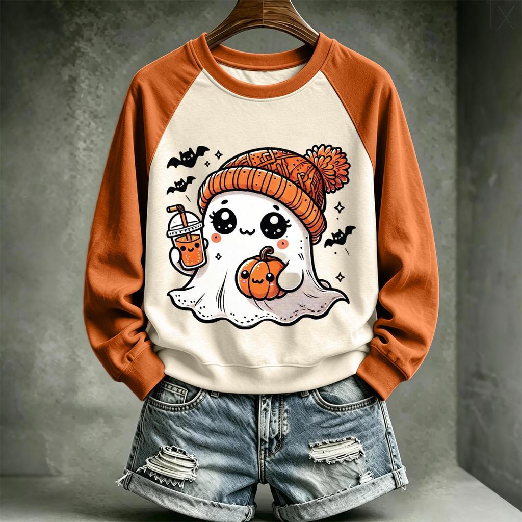 Women's Halloween Printed Neck Pullover Sweatshirt with Cute Design for Holiday