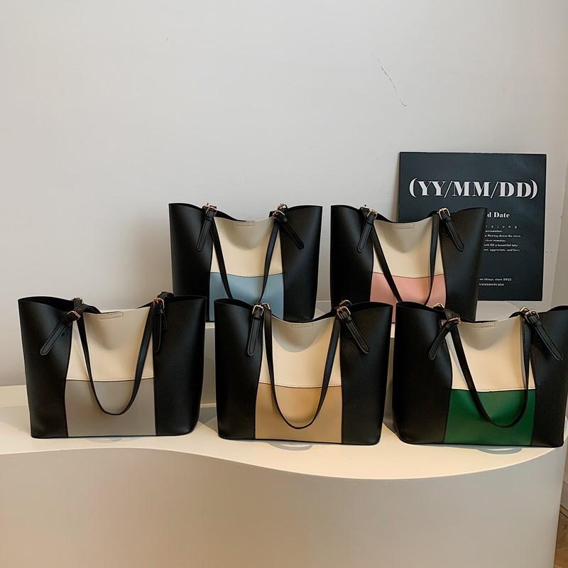 Retro simple atmosphere women's summer new large-capacity splicing shoulder portable tote bag