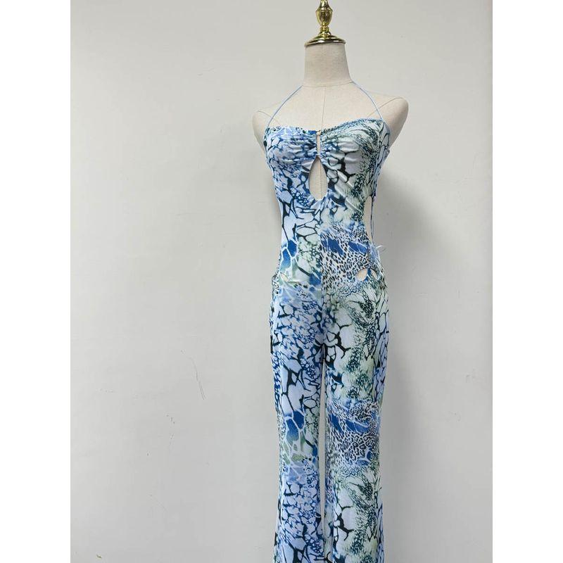 

Foreign Trade Pure Original Sexy Big Gyaru Slim fit Flattering Texture Transparent Hanging Neck Sexy Waist Hugging Dress Long dress Blue Jumpsuit M