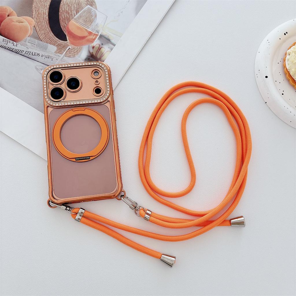 Crossbody Lanyard Electroplated Rotating Stand Magnetic Phone Case for IPhone Air 17 16 Plus 15 14 13 Pro Max for Magsafe Cover