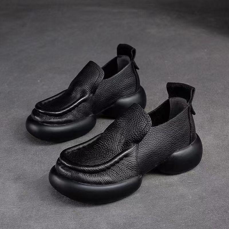 One pedal is not tired, autumn retro style, round head, comfortable and casual thick-soled small leather shoes for women