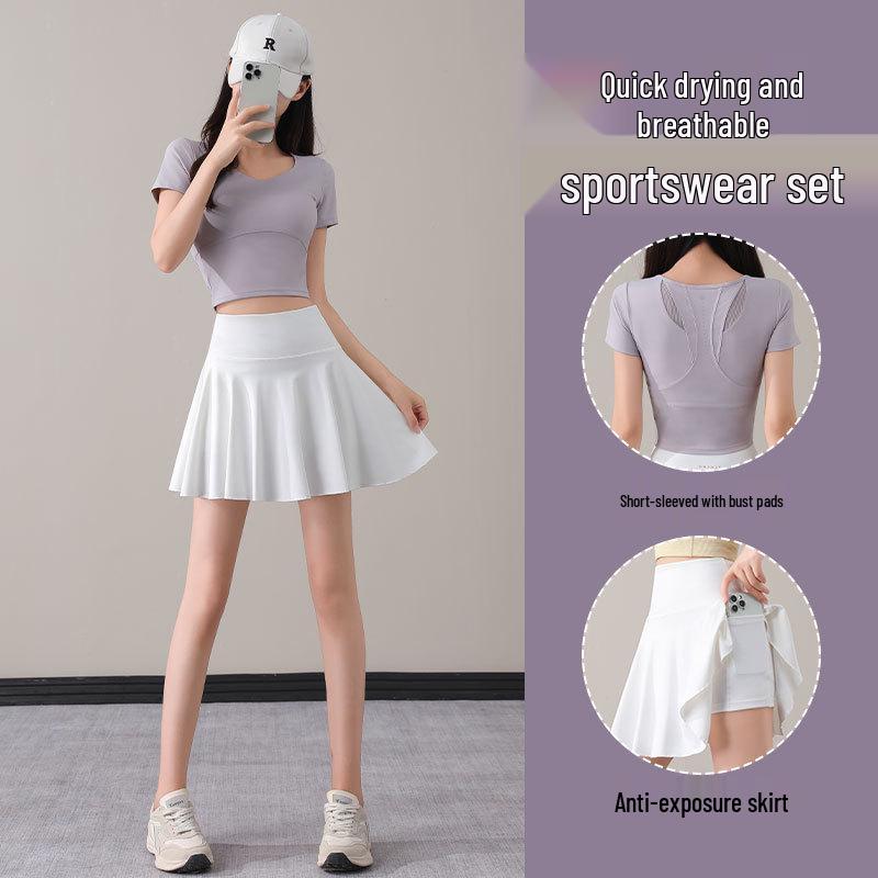 Women's Summer 2025 Tennis & Badminton Fitness Set: Yoga Short Sleeve, Running Skirt, & Chest Pad
