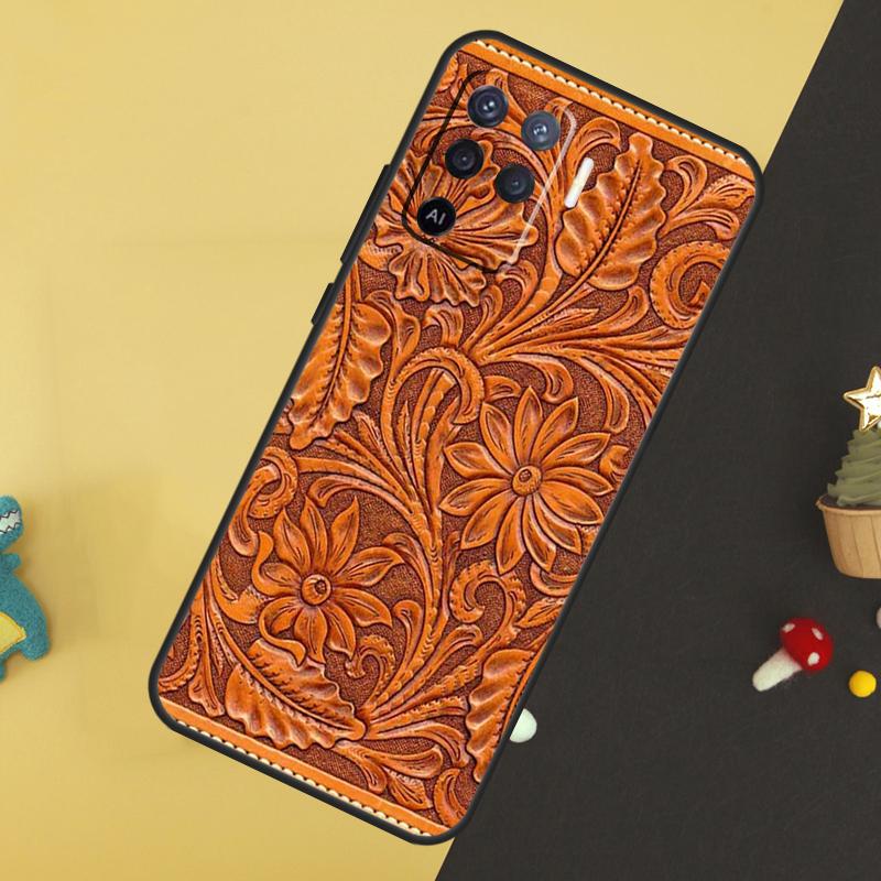 Brown Tooled Leather Pattern Case For Oppo A58 A78 A98 A18 A38 A74 A94 A54 A15 A17 A57 A6 A5 Pro A16 A76 A96 A40 A60 A80