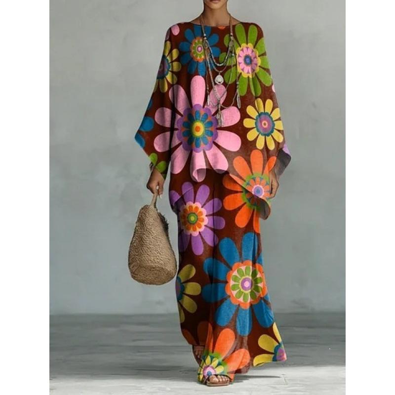 1116 New Retro Bohemian Cashew Flower Set, Crew Neck Flared Sleeve Top + Two Pieces of Wide-leg Pants.