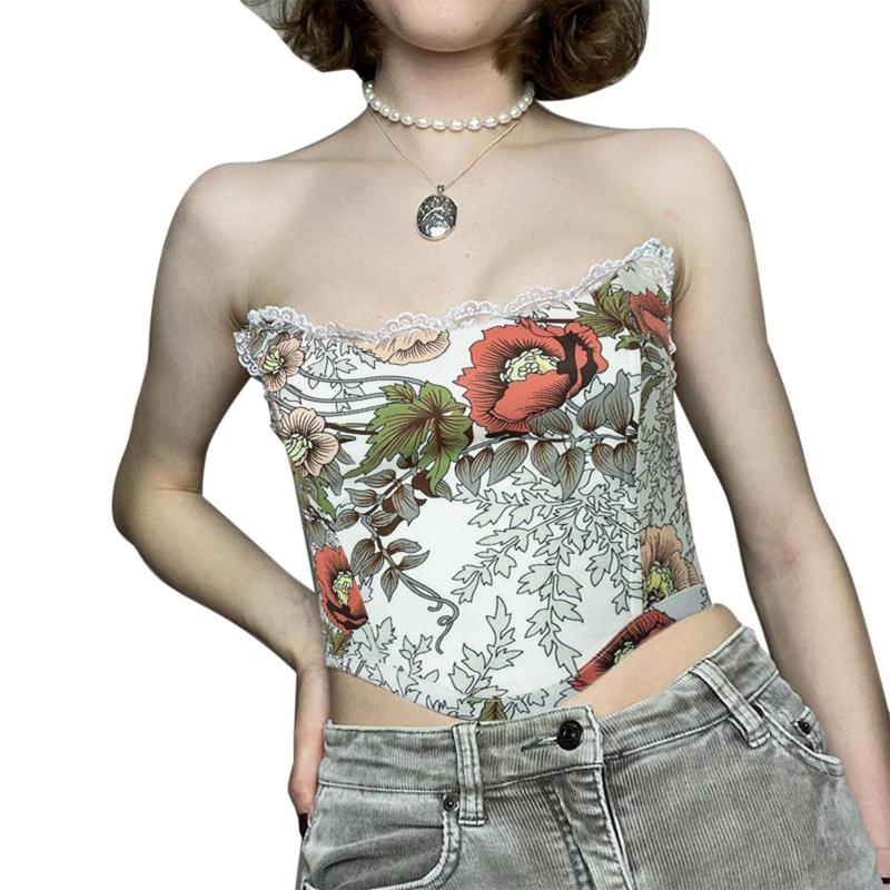 Sweet Floral Printing Backless Female Waist Corset Sleeveless Top Women Slimming Waistband Elasticity Corsets T-shirt