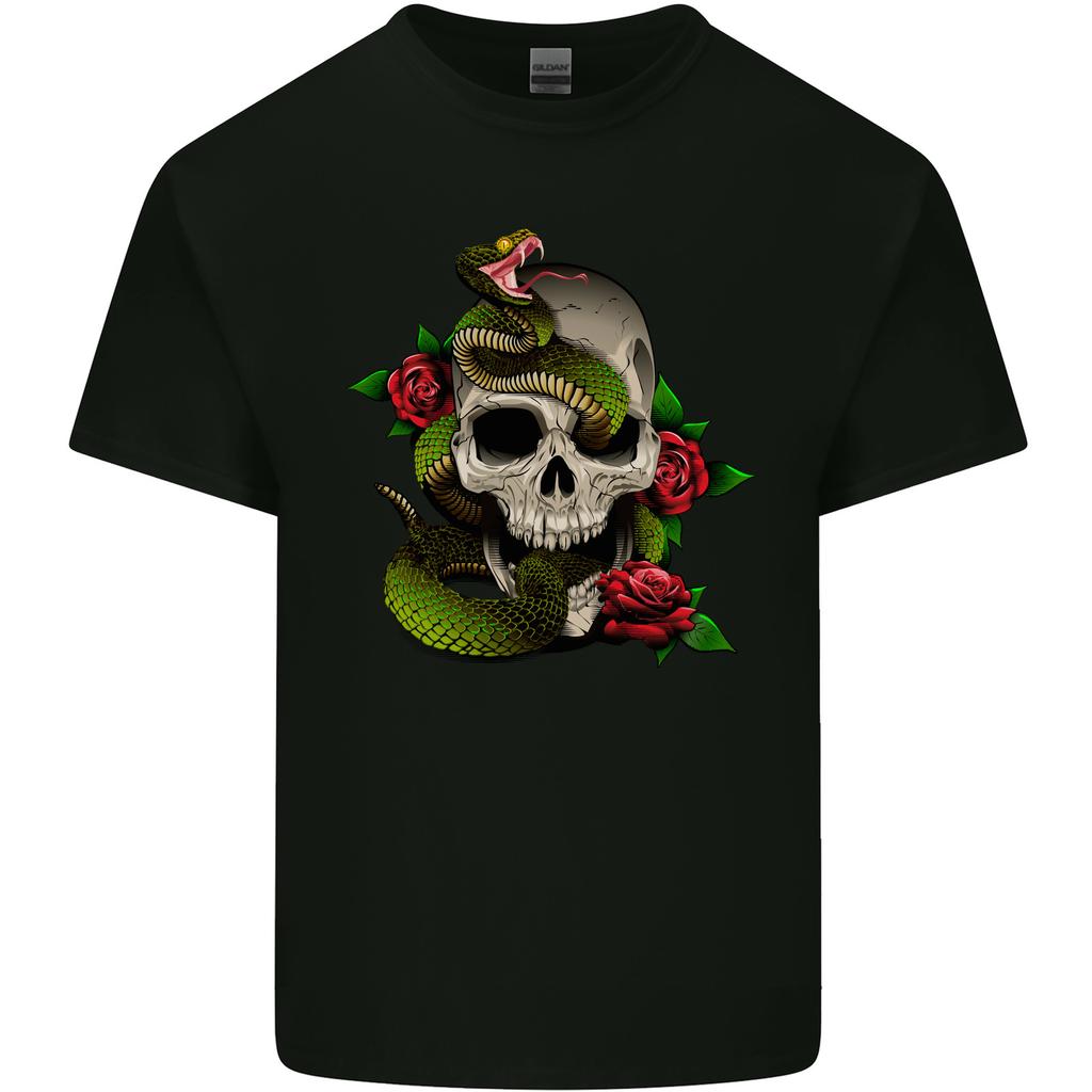Snake Skull With Roses Tattoo Style Mens Light Cotton T-Shirt