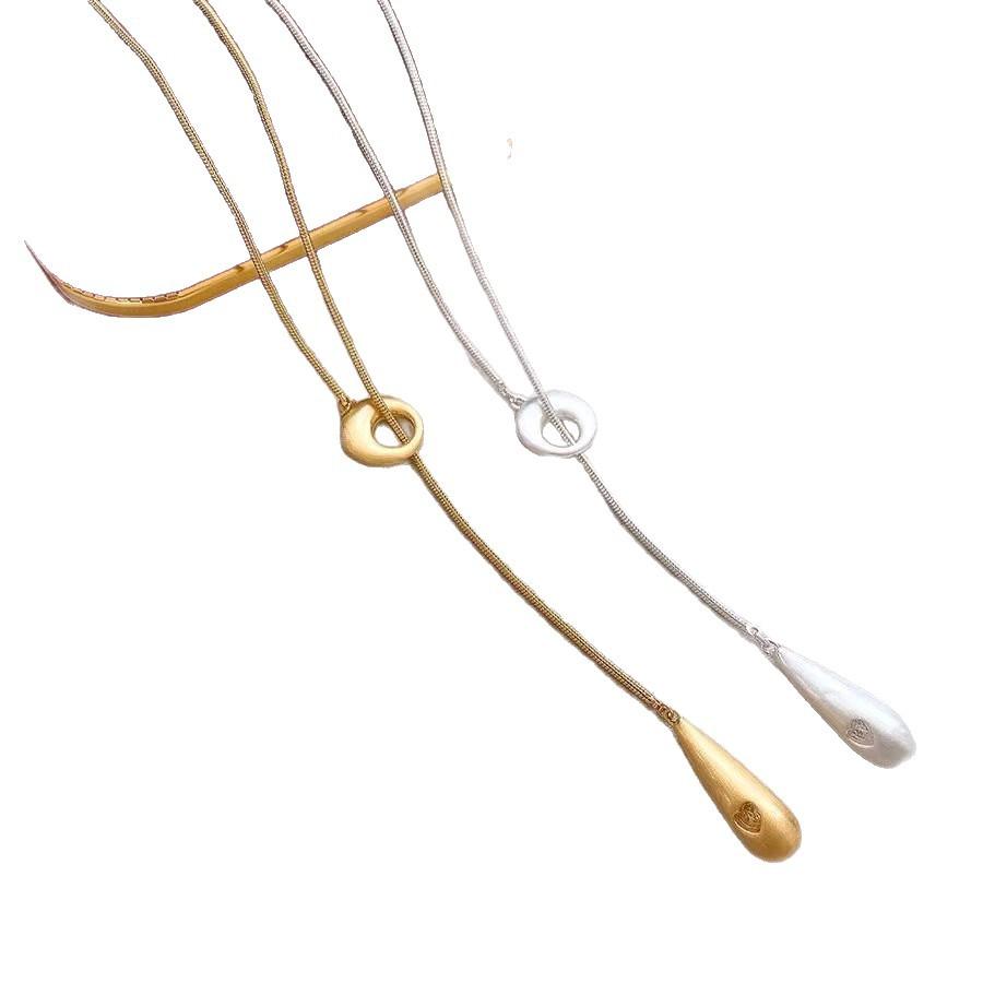 Autumn and winter temperament, versatile matte gold and silver long brushed water drop sweater necklace women, adjustable length