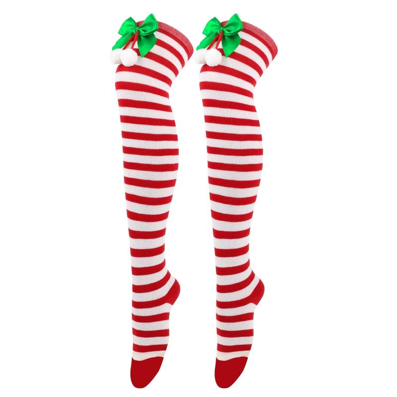 Striped Stockings For Women Over The Knee Long Socks Christmas Green Red Bowknot Long Socks Female Leg Stocking