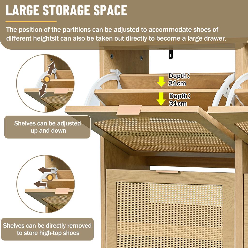 Schuhschrank mit 4 Klappschubladen, Rattan mit Metallgriffen, für Flur, Schlafzimmer, Wohnung, Landhausstil, Maße: 100 x 25 x 90 cm
