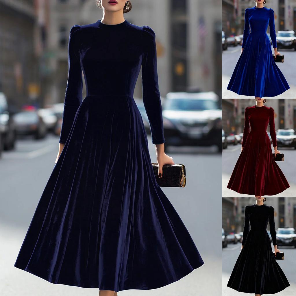 Spring Summer New Women's Elegant Round Neck Long Sleeve Korean Velvet Dress, Leisure Fashion For Women