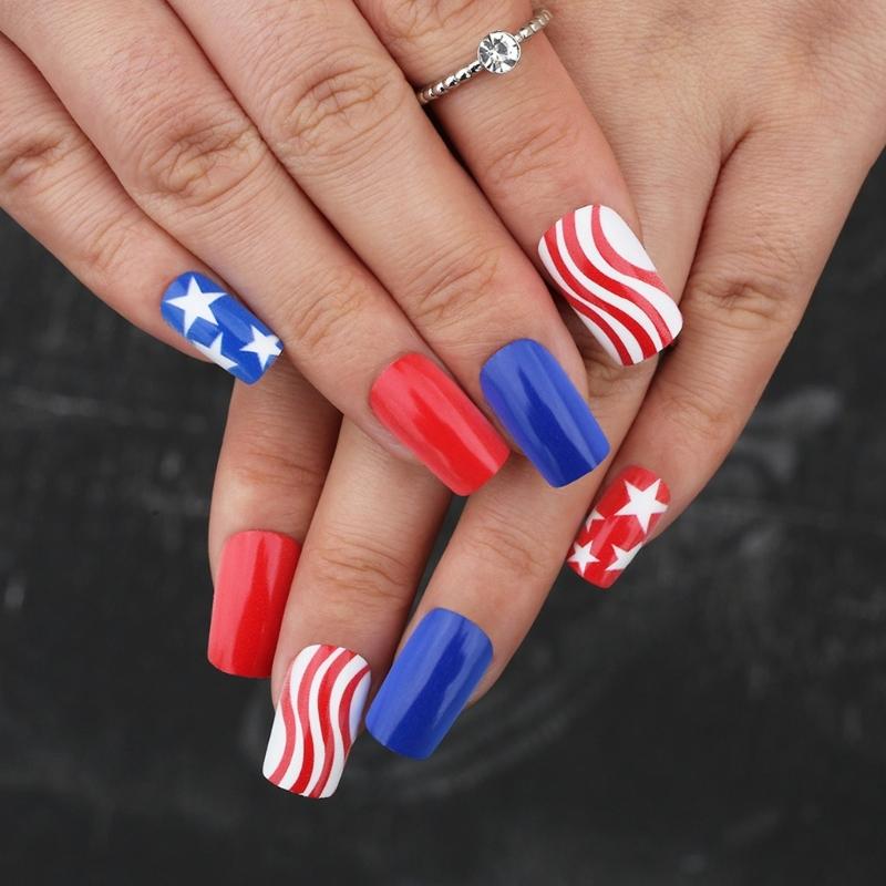 

4th of July Press on Nail Square French Tip Fake Nail Independence False Nail with American Flag Star Stick on Nail 1