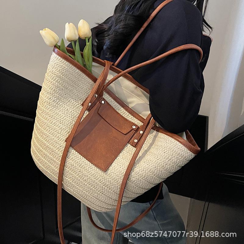 Premium Sense Large Capacity Straw Bag Women's 2025 Summer New Handbag Contrasting Color Versatile Armpit Bag