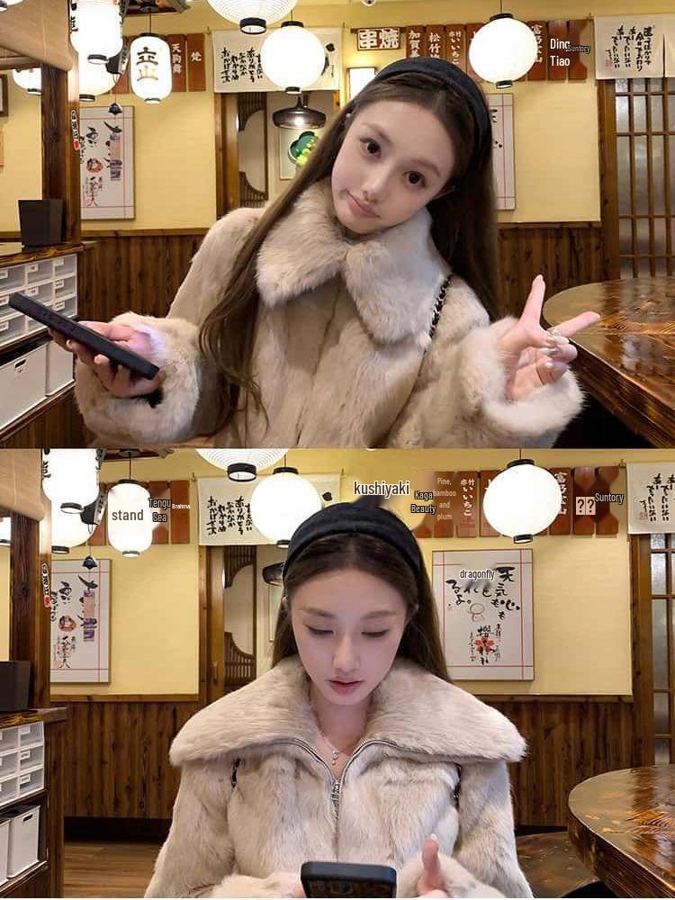 Women's Winter Rex Rabbit Fur Coat - Warm, Fleece-lined, Thickened, Korean-Style Petite