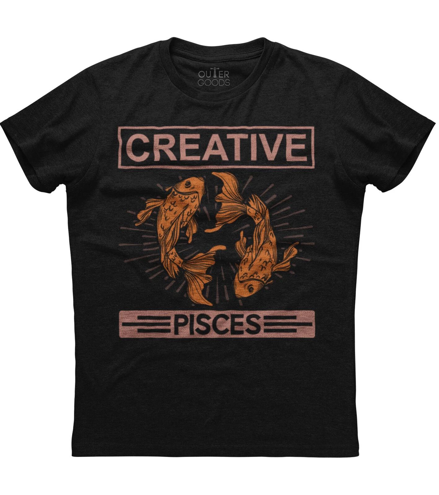 Creative Pisces Zodiac Sign Mens Short Sleeve Cotton Black T-shirt S