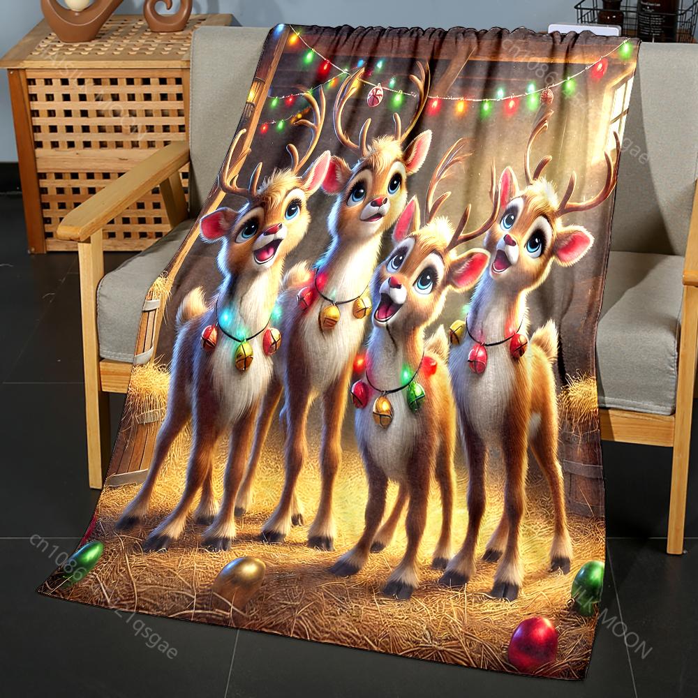 Festive Reindeer and Colorful Lights Pattern Blanket Flannel Material Soft Warm for All Seasons, Home Outdoor Camping Picnics RV